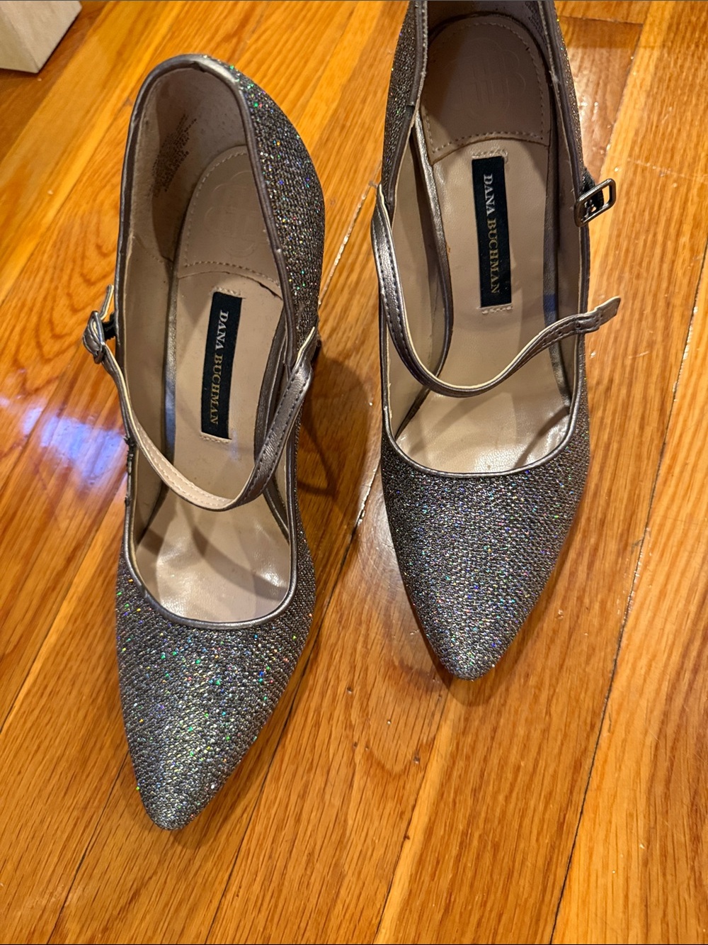 Dana Buchman Silver Glitter Pointed Mary Jane Heels